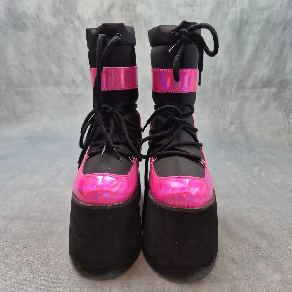 YRU Qronic Holographic Goth Punk Festival Rave Pink Platform Winter Boot Size 7